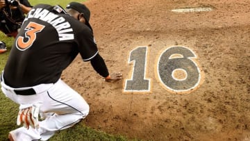 Sep 28, 2016; Miami, FL, USA; Miami Marlins shortstop Adeiny Hechavarria (3) takes a knee at the pitchers mound in honor of deceased Marlins starting pitcher Jose Fernandez after their game against the New York Mets at Marlins Park. The Mets won 5-2. Mandatory Credit: Steve Mitchell-USA TODAY Sports