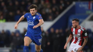 LEICESTER, ENGLAND - FEBRUARY 16: Harry Maguire of Leicester City runs with the ball during the The Emirates FA Cup Fifth Round between Leicester City and Sheffield United at The King Power Stadium on February 16, 2018 in Leicester, England. (Photo by Shaun Botterill/Getty Images)