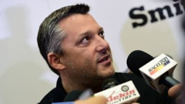 KANNAPOLIS, NC - NOVEMBER 08: Tony Stewart, co-owner of Stewart-Haas Racing, answers questions from the media following a press conference at Stewart-Haas Racing on November 8, 2017 in Kannapolis, North Carolina. Stewart-Haas Racing introduced Almirola as their driver of the
