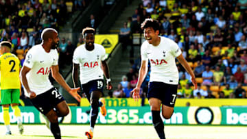 NORWICH, ENGLAND - MAY 22: Son Heung-Min of Tottenham Hotspur celebrates after scoring their fourth goal during the Premier League match between Norwich City and Tottenham Hotspur at Carrow Road on May 22, 2022 in Norwich, England. (Photo by David Rogers/Getty Images)