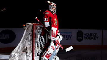 OTTAWA, ON - FEBRUARY 09: Ottawa Senators Goalie Anders Nilsson (31) in the spotlight before National Hockey League action between the Winnipeg Jets and Ottawa Senators on February 9, 2019, at Canadian Tire Centre in Ottawa, ON, Canada. (Photo by Richard A. Whittaker/Icon Sportswire via Getty Images)