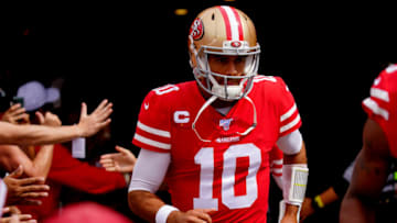 SANTA CLARA, CALIFORNIA - SEPTEMBER 22: Jimmy Garoppolo #10 of the San Francisco 49ers runs out on the field during warm ups prior to the game against the Pittsburgh Steelers at Levi's Stadium on September 22, 2019 in Santa Clara, California. (Photo by Daniel Shirey/Getty Images)