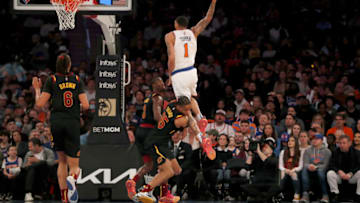 NEW YORK, NEW YORK - APRIL 02: Obi Toppin #1 of the New York Knicks goes to the hoop during the second quarter and draws a foul against Isaac Okoro #35 of the Cleveland Cavaliers at Madison Square Garden on April 02, 2022 in New York City. NOTE TO USER: User expressly acknowledges and agrees that, by downloading and or using this photograph, User is consenting to the terms and conditions of the Getty Images License Agreement. (Photo by Jim McIsaac/Getty Images)