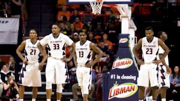 Nov 11, 2016; Champaign, IL, USA; Illinois Fighting Illini guard Malcolm Hill (21) and center Mike Thorne Jr. (33) and guard Tracy Abrams (13) and guard Aaron Jordan (23) and guard Jalen Coleman-Lands (5) await the end of a timeout during the first half against the Southeast Missouri State Redhawks at State Farm Center. Mandatory Credit: Mike Granse-USA TODAY Sports