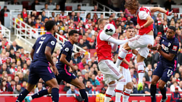 LONDON, ENGLAND - OCTOBER 06: David Luiz of Arsenal scores his team's first goal during the Premier League match between Arsenal FC and AFC Bournemouth at Emirates Stadium on October 06, 2019 in London, United Kingdom. (Photo by Catherine Ivill/Getty Images)