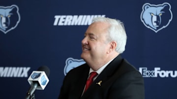 MEMPHIS, TN - MAY 2: General Manager Chris Wallace of the Memphis Grizzlies speaks with the media during a Press Conference introducing J.B. Bickerstaff as the Memphis Grizzlies Head Coach on May 2, 2018 at FedExForum in Memphis, Tennessee. NOTE TO USER: User expressly acknowledges and agrees that, by downloading and or using this photograph, User is consenting to the terms and conditions of the Getty Images License Agreement. Mandatory Copyright Notice: Copyright 2018 NBAE (Photo by Joe Murphy/NBAE via Getty Images)