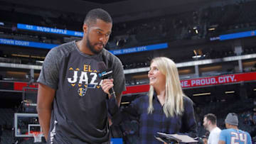 SACRAMENTO, CA - MARCH 3: Derrick Favors #15 of the Utah Jazz speaks with media after defeating the Sacramento Kings on March 3, 2018 at Golden 1 Center in Sacramento, California. NOTE TO USER: User expressly acknowledges and agrees that, by downloading and or using this photograph, User is consenting to the terms and conditions of the Getty Images Agreement. Mandatory Copyright Notice: Copyright 2018 NBAE (Photo by Rocky Widner/NBAE via Getty Images)