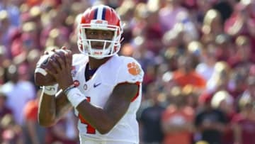 Nov 28, 2015; Columbia, SC, USA; Clemson Tigers quarterback Deshaun Watson (4) looks to throw the ball during the first halfagainst the South Carolina Gamecocks at Williams-Brice Stadium. Mandatory Credit: Joshua S. Kelly-USA TODAY Sports