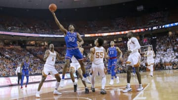 AUSTIN, TEXAS - JANUARY 29: Ochai Agbaji #30 of the Kansas Jayhawks leaps to the basket against the Texas Longhorns at The Frank Erwin Center on January 29, 2019 in Austin, Texas. (Photo by Chris Covatta/Getty Images)