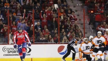 Feb 8, 2015; Washington, DC, USA; Washington Capitals left wing Alex Ovechkin (8) celebrates after scoring a goal on Philadelphia Flyers goalie Ray Emery (29) in the second period at Verizon Center. Mandatory Credit: Geoff Burke-USA TODAY Sports