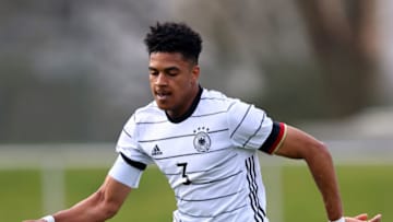 WETZLAR, GERMANY - MARCH 29: Almugera Kabar of Germany runs with the ball during the international friendly match between Germany U16 and Italy U16 on March 29, 2022 in Wetzlar, Germany. (Photo by Christof Koepsel/Getty Images for DFB)