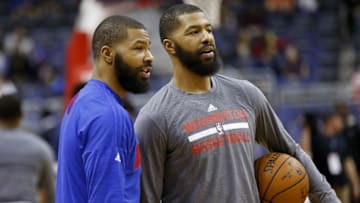 Feb 19, 2016; Washington, DC, USA; Washington Wizards forward Markieff Morris (R) talks with twin brother Detroit Pistons forward Marcus Morris (L) prior to their game at Verizon Center. Mandatory Credit: Geoff Burke-USA TODAY Sports