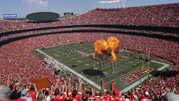 KANSAS CITY, MO - SEPTEMBER 11: Kansas City Chiefs fans pack a flame filled Arrowhead Stadium for player introductions before the first game of the season against the San Diego Chargers September 11, 2016 in Kansas City, Missouri. (Photo by Jamie Squire/Getty Images)