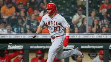 May 10, 2021; Houston, Texas, USA; Los Angeles Angels center fielder Mike Trout (27) runs towards home plate to score a run during the fourth inning against the Houston Astros at Minute Maid Park. Mandatory Credit: Troy Taormina-USA TODAY Sports