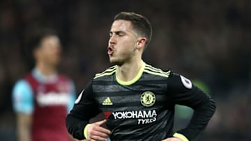 STRATFORD, ENGLAND - MARCH 06: Eden Hazard of Chelsea celebrates after he scores his side first goal during the Premier League match between West Ham United and Chelsea at London Stadium on March 6, 2017 in Stratford, England. (Photo by Julian Finney/Getty Images)