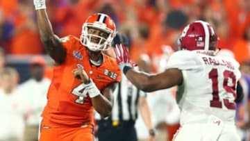 Jan 11, 2016; Glendale, AZ, USA; Clemson Tigers quarterback Deshaun Watson (4) against the Alabama Crimson Tide in the 2016 CFP National Championship at University of Phoenix Stadium. Mandatory Credit: Mark J. Rebilas-USA TODAY Sports