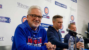 Chicago Cubs manager Joe Maddon, team president Theo Epstein and general manager Jed Hoyer speak Tuesday, Feb. 12, 2019 as the team reports to spring training in Mesa, Ariz (Brian Cassella/Chicago Tribune/Tribune News Service via Getty Images)