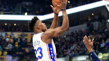 INDIANAPOLIS, IN - JANUARY 17: Jimmy Butler #23 of the Philadelphia 76ers shoots the ball against the Indiana Pacers at Bankers Life Fieldhouse on January 17, 2019 in Indianapolis, Indiana. NOTE TO USER: User expressly acknowledges and agrees that, by downloading and or using this photograph, User is consenting to the terms and conditions of the Getty Images License Agreement. (Photo by Andy Lyons/Getty Images)