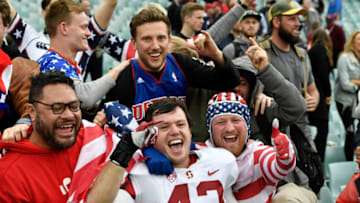 August 27th 2017, Allianz Stadium, Sydney, Australia; College Football Sydney Cup; Rice University v Stanford University; Standford Cardinals linebacker Ryan Beecher celebrates with fans after the game; (Photo by Nigel Owen/Action Plus via Getty Images)