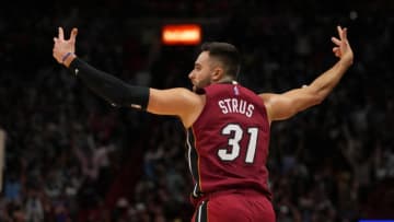 Miami Heat forward Max Strus (31) reacts after making a three point basket against the Detroit Pistons(Jasen Vinlove-USA TODAY Sports)