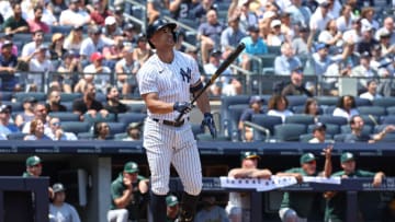 Jun 29, 2022; Bronx, New York, USA;New York Yankees designated hitter Giancarlo Stanton (27) looks up at his three run home run during the third inning against the Oakland Athletics at Yankee Stadium. Mandatory Credit: Vincent Carchietta-USA TODAY Sports