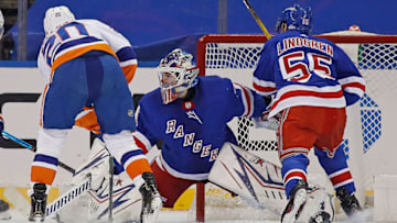NEW YORK, NEW YORK - JANUARY 14: Igor Shesterkin #31 of the New York Rangers defends the net against Kieffer Bellows #20 of the New York Islanders during the second period at Madison Square Garden on January 14, 2021 in New York City. (Photo by Bruce Bennett/Getty Images)