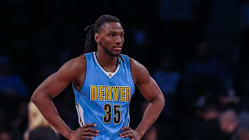 Feb 8, 2016; Brooklyn, NY, USA; Denver Nuggets forward Kenneth Faried (35) looks up during the 2nd half against the Brooklyn Nets at Barclays Center. The Nets won, 105-104. Mandatory Credit: Vincent Carchietta-USA TODAY Sports