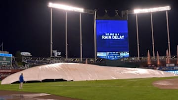 Oct 8, 2015; Kansas City, MO, USA; A general view of the tarp over the field during a rain delay in game one of the ALDS between the Kansas City Royals and Houston Astros at Kauffman Stadium. Mandatory Credit: Denny Medley-USA TODAY Sports