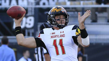 Sep 17, 2016; Orlando, FL, USA; Marylan Terrapins quarterback Perry Hills(11) throws a warm up pass before a football game against the UCF Knights at Bright House Networks Stadium. Mandatory Credit: Reinhold Matay-USA TODAY Sports