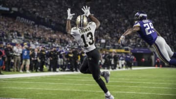 MINNEAPOLIS, MN - JANUARY 14: Michael Thomas #13 of the New Orleans Saints catches the ball for a touchdown over defender Xavier Rhodes #29 of the Minnesota Vikings in the third quarter of the NFC Divisional Playoff game on January 14, 2018 at U.S. Bank Stadium in Minneapolis, Minnesota. (Photo by Stephen Maturen/Getty Images)