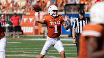 Sep 4, 2021; Austin, Texas, USA; Texas Longhorns quarterback Hudson Card (1) passes the ball in the first half of the game against the Louisiana Ragin' Cajuns at Darrell K Royal-Texas Memorial Stadium. Mandatory Credit: Scott Wachter-USA TODAY Sports