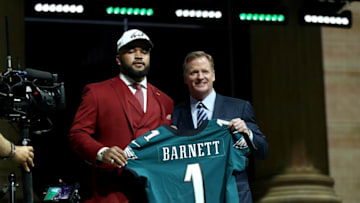 PHILADELPHIA, PA - APRIL 27: (L-R) Derek Barnett of Tennessee poses with Commissioner of the National Football League Roger Goodell after being picked