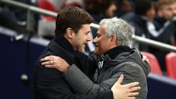 LONDON, ENGLAND - JANUARY 31: Mauricio Pochettino, Manager of Tottenham Hotspur greets Jose Mourinho, Manager of Manchester United prior to the Premier League match between Tottenham Hotspur and Manchester United at Wembley Stadium on January 31, 2018 in London, England. (Photo by Catherine Ivill/Getty Images)