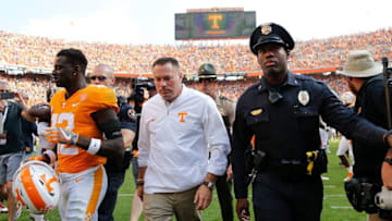 KNOXVILLE, TN - OCTOBER 14: Head coach Butch Jones of the Tennessee Volunteers walks off the field after the game against the South Carolina Gamecocks at Neyland Stadium on October 14, 2017 in Knoxville, Tennessee. South Carolina defeated Tennessee 15-9. (Photo by Michael Reaves/Getty Images)