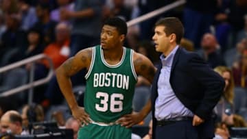 Feb 23, 2015; Phoenix, AZ, USA; Boston Celtics head coach Brad Stevens and guard Marcus Smart (36) against the Phoenix Suns at US Airways Center. The Celtics defeats the Suns 115-110. Mandatory Credit: Mark J. Rebilas-USA TODAY Sports