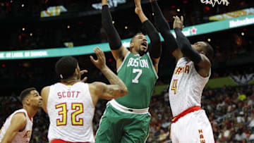 Apr 26, 2016; Atlanta, GA, USA; Boston Celtics center Jared Sullinger (7) shoots the ball over Atlanta Hawks forward Paul Millsap (4) in the third quarter in game five of the first round of the NBA Playoffs at Philips Arena. The Hawks defeated the Celtics 110-83. Mandatory Credit: Brett Davis-USA TODAY Sports
