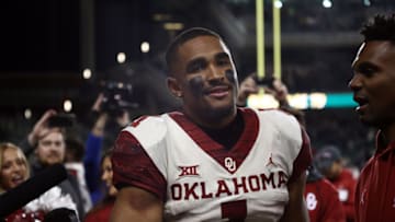 WACO, TEXAS - NOVEMBER 16: Jalen Hurts #1 of the Oklahoma Sooners celebrates a win against the Baylor Bears at McLane Stadium on November 16, 2019 in Waco, Texas. (Photo by Ronald Martinez/Getty Images)
