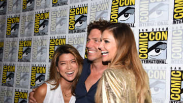 SAN DIEGO, CA - JULY 20: Grace Park, Michael Trucco and Tricia Helfer attend the Battlestar Galactica press conference on July 20, 2017 in San Diego, California. (Photo by Araya Doheny/WireImage)