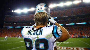 Sep 8, 2016; Denver, CO, USA; Carolina Panthers tight end Greg Olsen (88) puts on his helmet against the Denver Broncos at Sports Authority Field at Mile High. The Broncos defeated the Panthers 21-20. Mandatory Credit: Mark J. Rebilas-USA TODAY Sports
