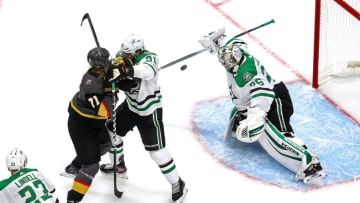 EDMONTON, ALBERTA - SEPTEMBER 06: Reilly Smith #19 of the Vegas Golden Knights checks Joe Pavelski #16 of the Dallas Stars during the third period in Game One of the Western Conference Final during the 2020 NHL Stanley Cup Playoffs at Rogers Place on September 06, 2020 in Edmonton, Alberta, Canada. (Photo by Bruce Bennett/Getty Images)