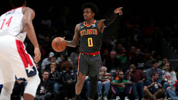 WASHINGTON, DC -  JANUARY 10: Brandon Goodwin #0 of the Atlanta Hawks handles the ball during the game against the Washington Wizards on January 10, 2020 at Capital One Arena in Washington, DC. NOTE TO USER: User expressly acknowledges and agrees that, by downloading and or using this Photograph, user is consenting to the terms and conditions of the Getty Images License Agreement. Mandatory Copyright Notice: Copyright 2020 NBAE (Photo by Ned Dishman/NBAE via Getty Images)