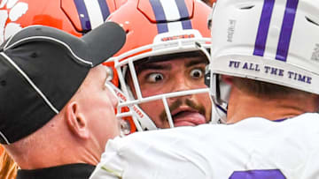 Sep 10, 2022; Clemson, South Carolina, USA; Clemson Tigers running back Will Shipley (1) reacts after scoring a touchdown Furman Paladins safety Hugh Ryan (6) during the first quarter at Memorial Stadium. Mandatory Credit: Ken Ruinard-USA TODAY Sports