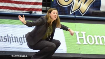 WASHINGTON, DC - FEBRUARY 20: Head coach Beth O'Boyle of the Virginia Commonwealth Rams reacts to call during a women's college basketball game against the George Washington Colonials at the Smith Center on February 20, 2016 in Washington, DC. The Rams won 79-68. (Photo by Mitchell Layton/Getty Images)