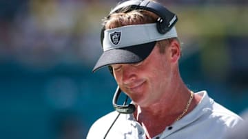 MIAMI, FL - SEPTEMBER 23: Jon Gruden reacts on the sidelines during the fourth quarter against Miami Dolphins at Hard Rock Stadium on September 23, 2018 in Miami, Florida. (Photo by Marc Serota/Getty Images)