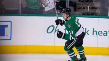 May 1, 2016; Dallas, TX, USA; Dallas Stars center Mattias Janmark (13) celebrates a scored goal against the St. Louis Blues during game two of the first round of the 2016 Stanley Cup Playoffs at the American Airlines Center. The Blues win 4-3 in overtime. Mandatory Credit: Jerome Miron-USA TODAY Sports
