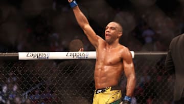 May 15, 2021; Houston, Texas, USA; Edson Barboza celebrates his TKO victory against Shane Burgos at Toyota Center. Mandatory Credit: Troy Taormina-USA TODAY Sports