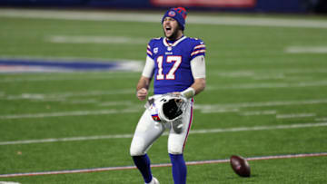 ORCHARD PARK, NEW YORK - JANUARY 16: Josh Allen #17 of the Buffalo Bills celebrates after defeating the Baltimore Ravens during the AFC Divisional Playoff game at Bills Stadium on January 16, 2021 in Orchard Park, New York. The Bills defeated the Ravens 17-3. (Photo by Bryan M. Bennett/Getty Images)