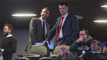 Feb 19, 2016; Brooklyn, NY, USA; Brooklyn Nets new general manager Sean Marks (left) in a suite with team owner Mikhail Prokhorov during the first quarter against the New York Knicks at Barclays Center. Mandatory Credit: Brad Penner-USA TODAY Sports
