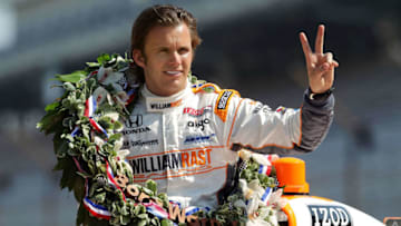 INDIANAPOLIS, IN - MAY 30: Dan Wheldon of England, driver of the #98 William Rast-Curb/Big Machine Dallara Honda gestures to photographers during the 95th Indianapolis 500 Mile Race Trophy Presentation at Indianapolis Motor Speedway on May 30, 2011 in Indianapolis, Indiana. (Photo by Nick Laham/Getty Images)