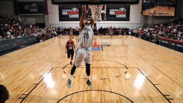 LAS VEGAS, NV - JULY 14: Jarrell Eddie #19 of the San Antonio Spurs dunks against the Portland Trail Blazers on July 14, 2015 at The Cox Pavilion in Las Vegas, Nevada. NOTE TO USER: User expressly acknowledges and agrees that, by downloading and or using this photograph, User is consenting to the terms and conditions of the Getty Images License Agreement. Mandatory Copyright Notice: Copyright 2015 NBAE (Photo by Bart Young/NBAE via Getty Images)